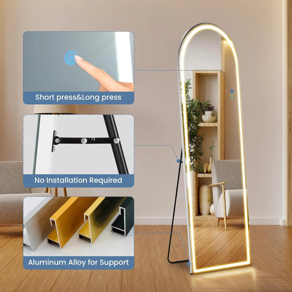 Home Use Touch Switch Aluminum Frame Modern Design Explosion-proof Floor Standing Full Length LED Display Screen Arched Mirror