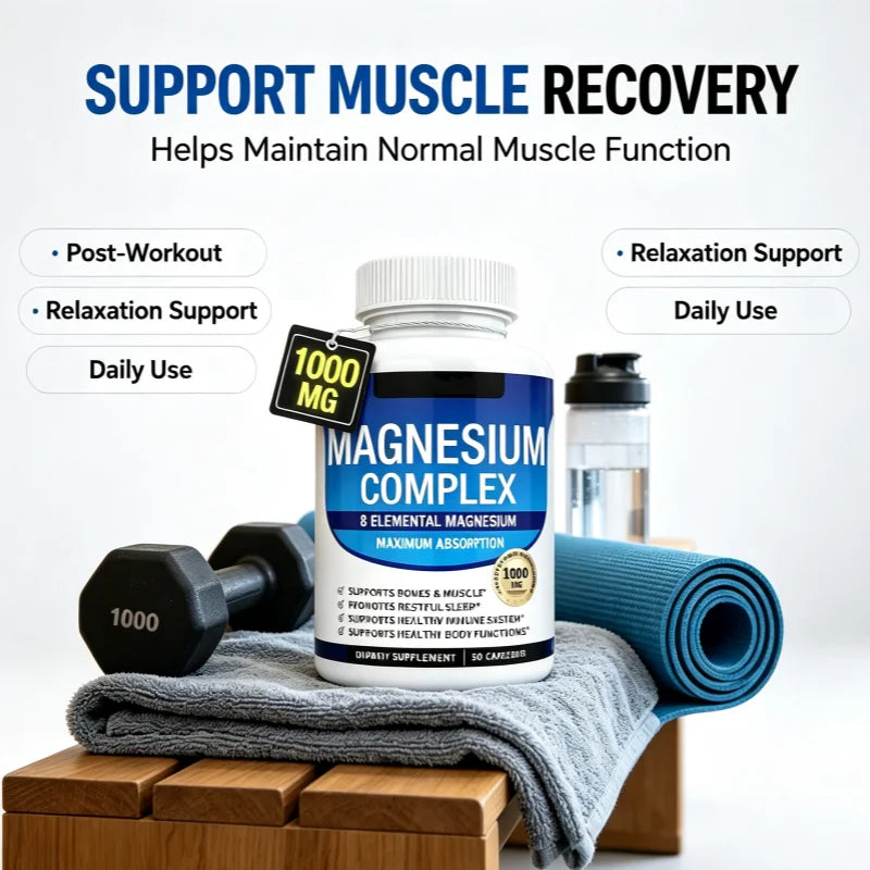Magnesium Complex Capsules 90 Count, 1000mg – 8 Forms of Magnesium, Glycinate, Citrate, Malate & Taurate, Muscle & Recovery Support, Vegan & Non-GMO