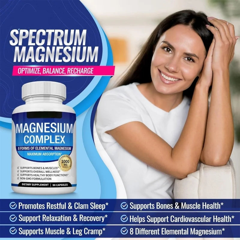 Magnesium Complex Capsules 90 Count, 1000mg – 8 Forms of Magnesium, Glycinate, Citrate, Malate & Taurate, Muscle & Recovery Support, Vegan & Non-GMO