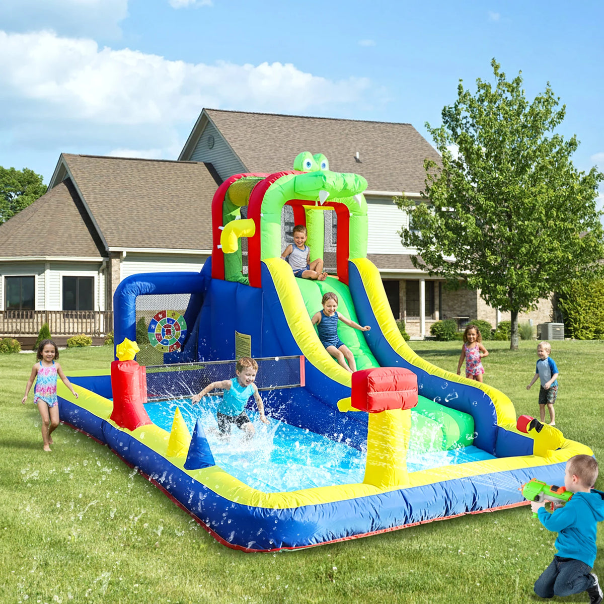 Commercial Inflatable Water Slide Bounce House Wet Dry  Bouncer Combo with Bigger Splash Pool,Climbing,Blower,Basket,Dartboard