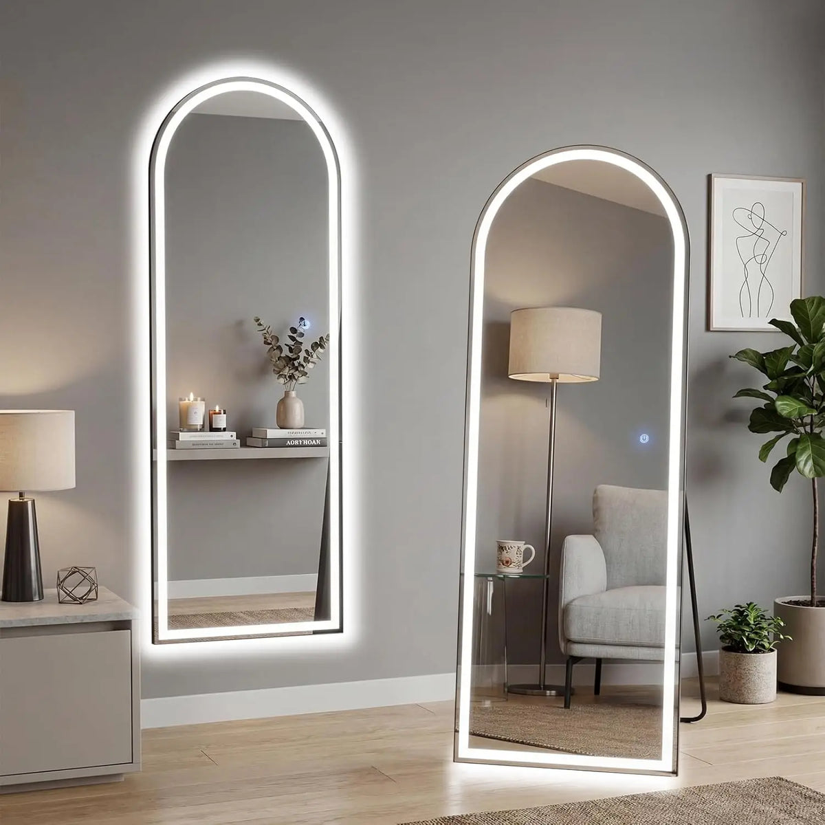 Home Use Touch Switch Aluminum Frame Modern Design Explosion-proof Floor Standing Full Length LED Display Screen Arched Mirror