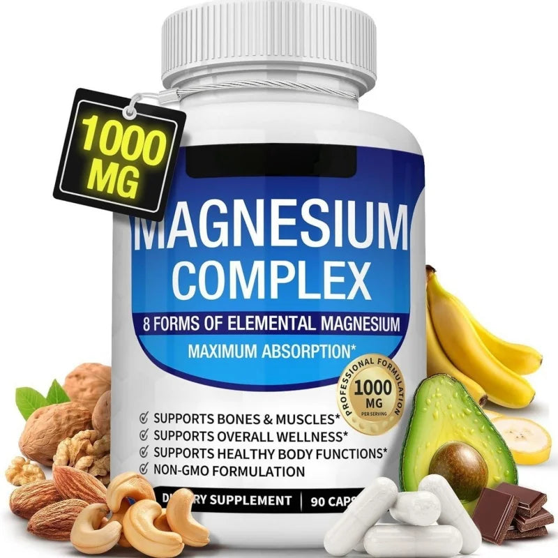 Magnesium Complex Capsules 90 Count, 1000mg – 8 Forms of Magnesium, Glycinate, Citrate, Malate & Taurate, Muscle & Recovery Support, Vegan & Non-GMO