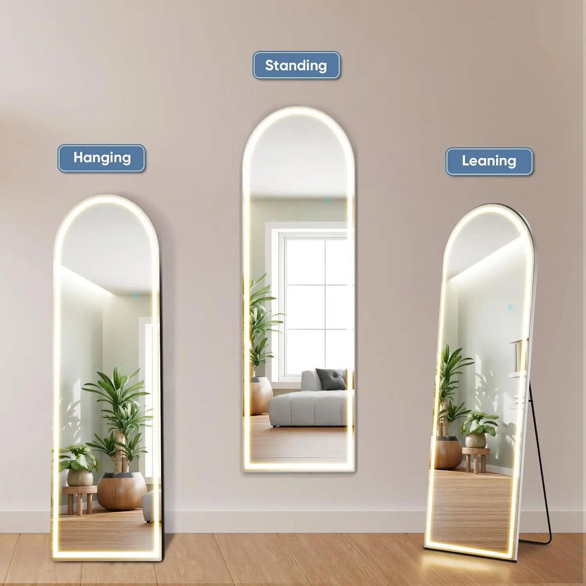 Home Use Touch Switch Aluminum Frame Modern Design Explosion-proof Floor Standing Full Length LED Display Screen Arched Mirror