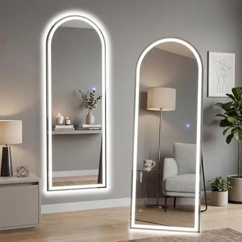 Home Use Touch Switch Aluminum Frame Modern Design Explosion-proof Floor Standing Full Length LED Display Screen Arched Mirror