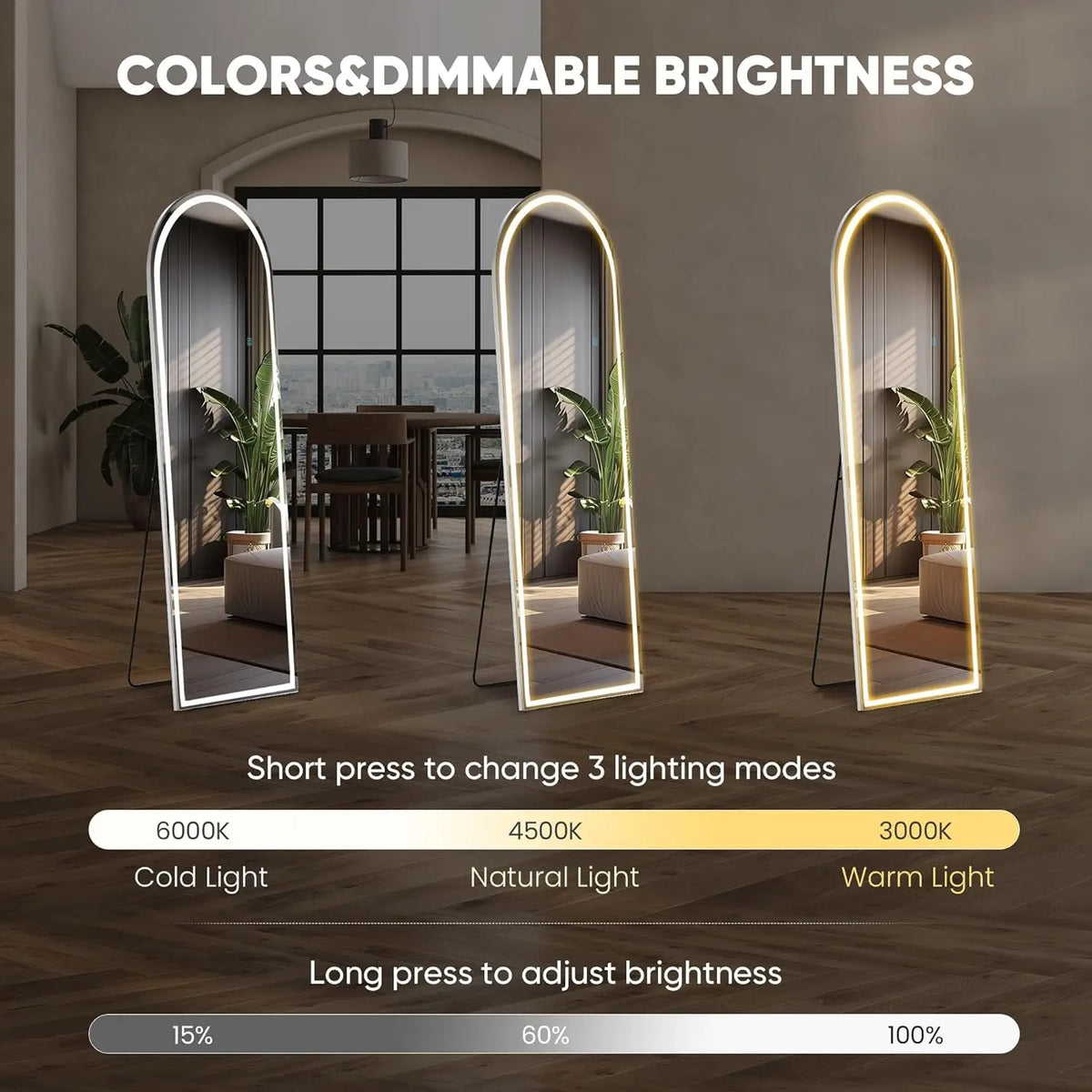 Home Use Touch Switch Aluminum Frame Modern Design Explosion-proof Floor Standing Full Length LED Display Screen Arched Mirror