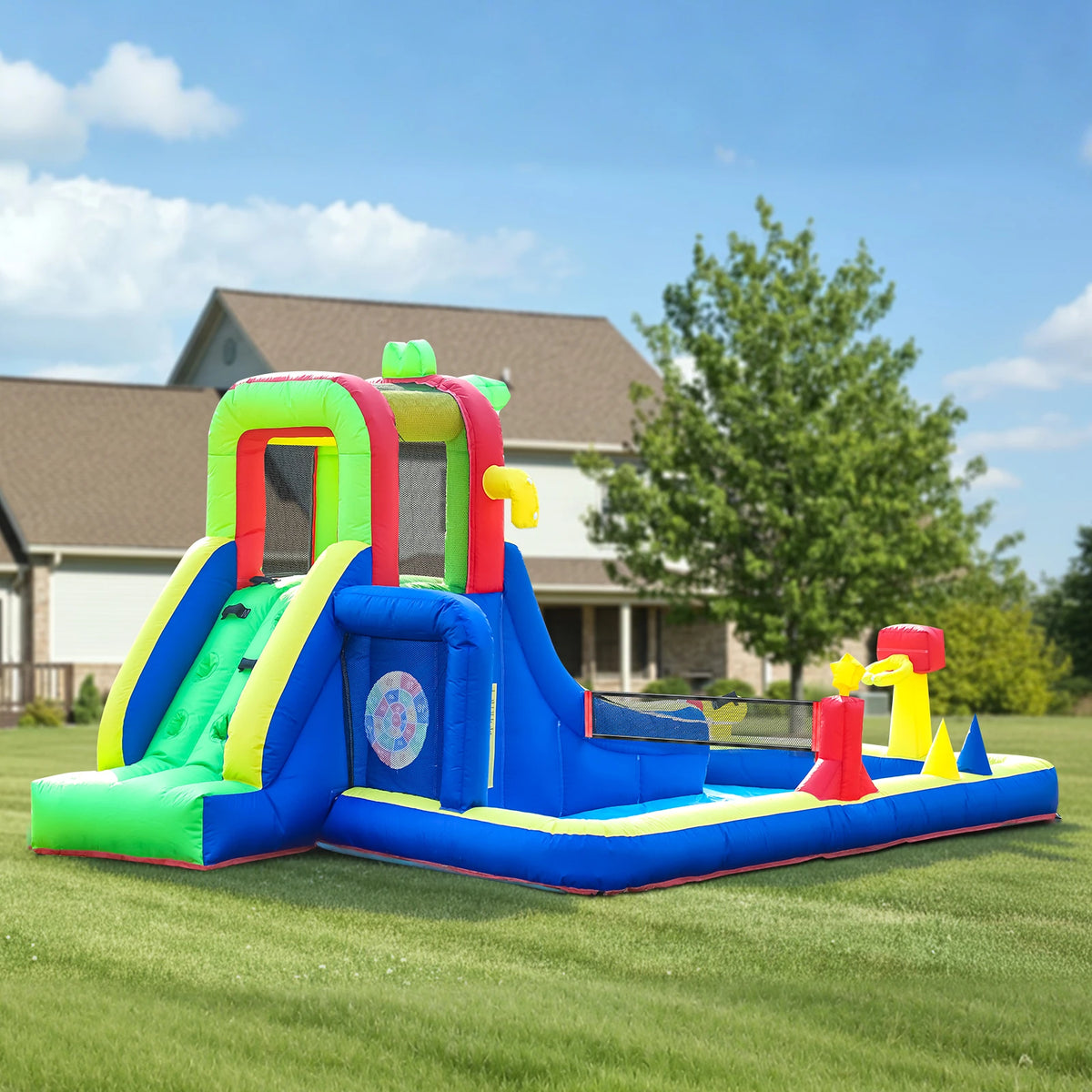 Commercial Inflatable Water Slide Bounce House Wet Dry  Bouncer Combo with Bigger Splash Pool,Climbing,Blower,Basket,Dartboard