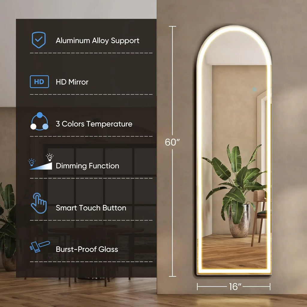 Home Use Touch Switch Aluminum Frame Modern Design Explosion-proof Floor Standing Full Length LED Display Screen Arched Mirror