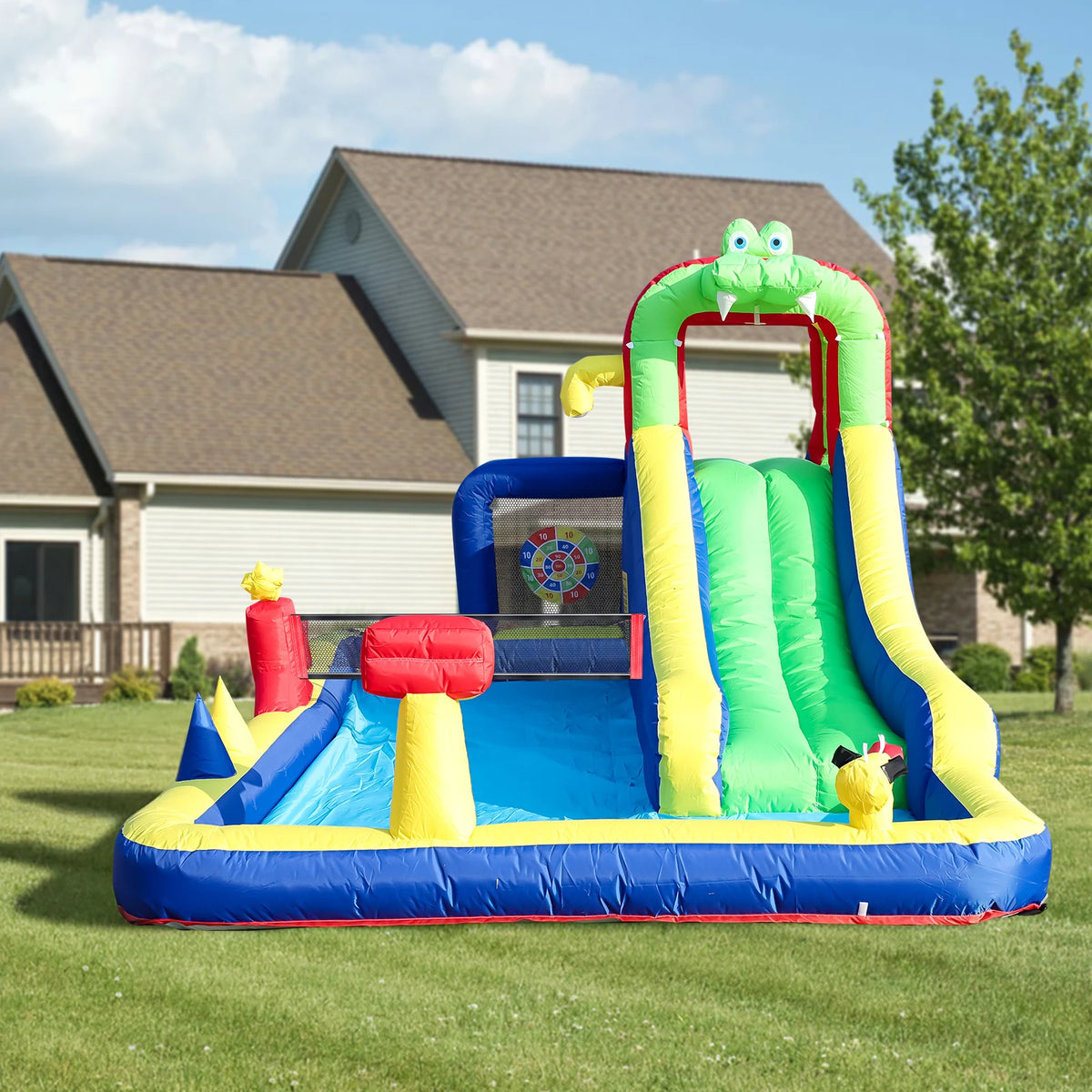 Commercial Inflatable Water Slide Bounce House Wet Dry  Bouncer Combo with Bigger Splash Pool,Climbing,Blower,Basket,Dartboard