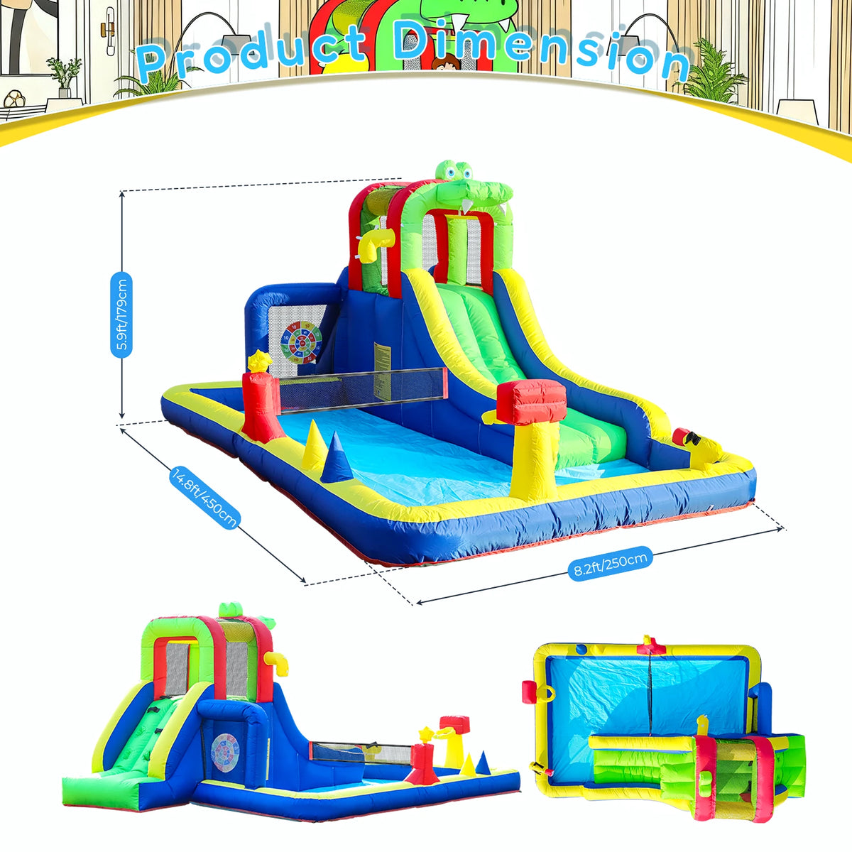 Commercial Inflatable Water Slide Bounce House Wet Dry  Bouncer Combo with Bigger Splash Pool,Climbing,Blower,Basket,Dartboard