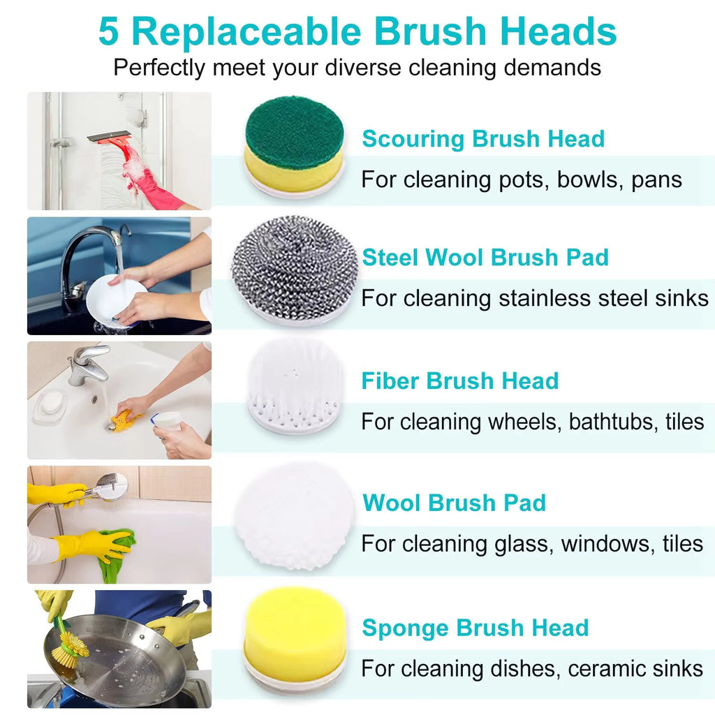 Cordless Electric Spin Scrubber – 5 Replaceable Brush Heads